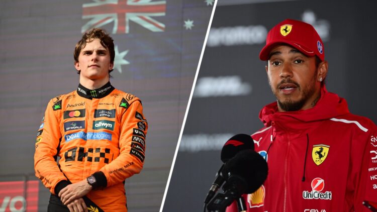 Split image of McLaren driver Oscar Piastri (L) at the 2025 Hungarian Grand Prix and Ferrari driver Lewis Hamilton (R)