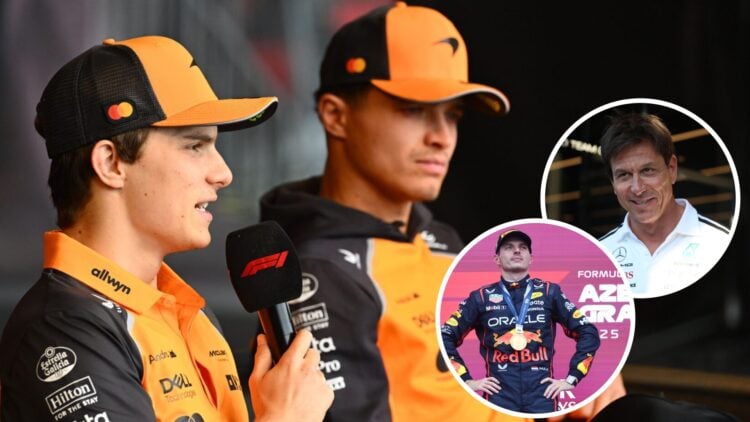 Oscar Piastri and Lando Norris speak in the Baku F1 fan zone with insets of 2025 Azerbaijan Grand Prix winner Max Verstappen and Toto Wolff