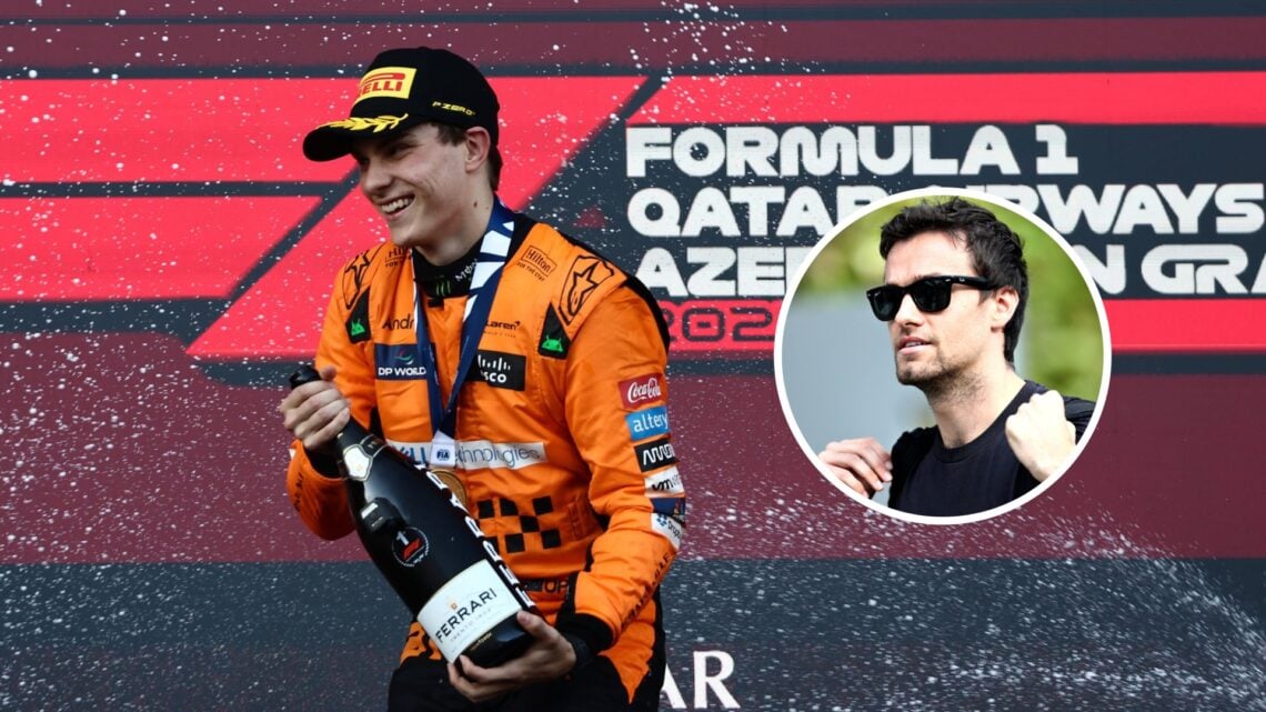 Oscar Piastri of McLaren sprays champagne on the Azerbaijan Grand Prix podium; inset of Jolyon Palmer