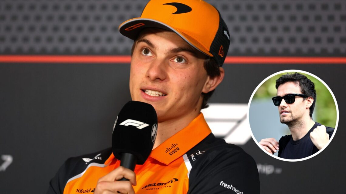 Oscar Piastri of McLaren speaks in the Azerbaijan Grand Prix FIA press conference; inset of Jolyon Palmer