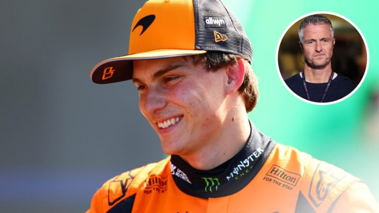 Oscar Piastri of McLaren smiles in the Formula 1 paddock; inset of Ralf Schumacher