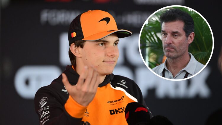 McLaren driver Oscar Piastri speaks to the media ahead of the 2025 Dutch Grand Prix, inset Mark Webber