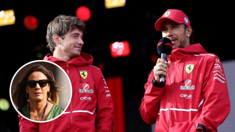 Charles Leclerc and Lewis Hamilton of Ferrari appear at the F1 fan zone; inset of Lewis Hamilton