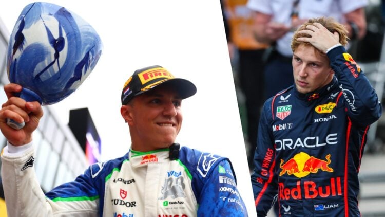 Racing Bulls driver Isack Hadjar celebrates his first F1 podium after the 2025 Dutch Grand Prix and Liam Lawson reacts after the Chinese GP with Re...