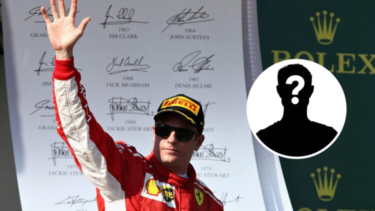 Kimi Raikkonen celebrates on the podium for Ferrari; inset of a mystery F1 driver