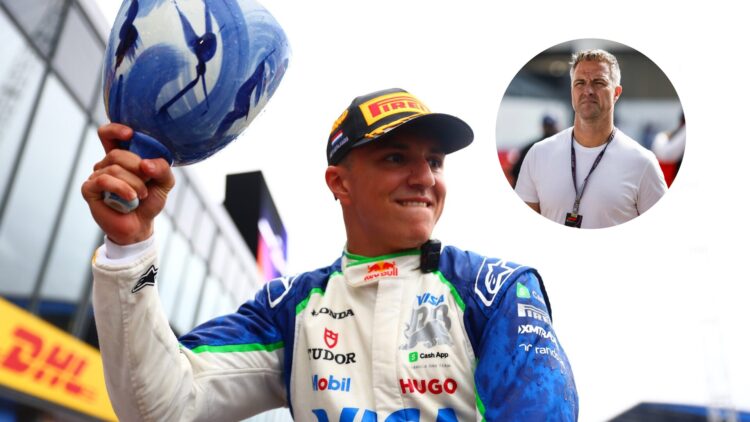 Isack Hadjar celebrating his podium at the Dutch Grand Prix, with Ralf Schumacher walking through the F1 paddock in the overlay image