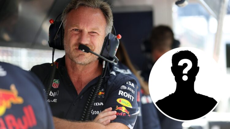 Christian Horner sitting on the Red Bull pit wall at the 2025 Formula 1 Austrian Grand Prix with a mystery person inset