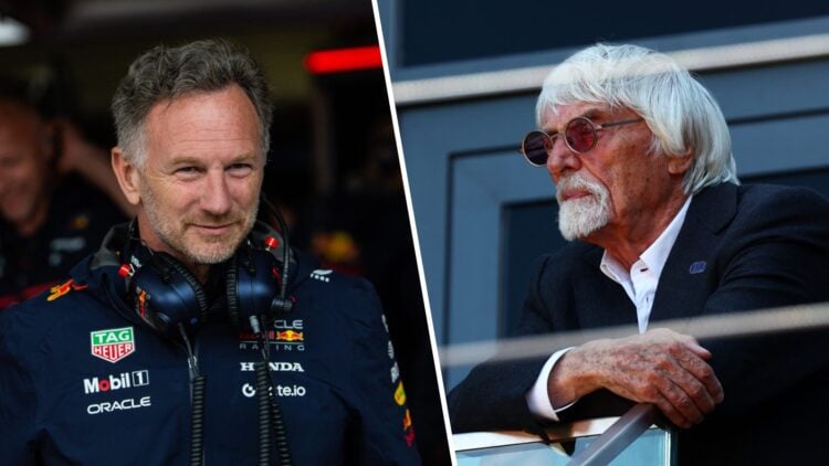 Christian Horner in the Red Bull garage at the 2025 F1 British Grand Prix and Bernie Ecclestone in the Austrian GP paddock