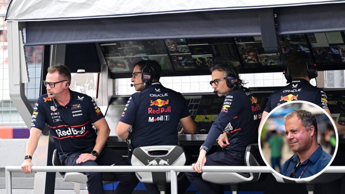 Red Bull staff watch a pit stop from the Azerbaijan Grand Prix pit wall; inset of Ted Kravitz