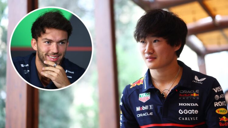 Red Bull driver Yuki Tsunoda arrives in the Baku paddock for media day at the 2025 F1 Azerbaijan Grand Prix with an inset of Alpine's Pierre Gasly