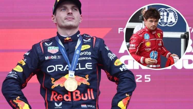 Red Bull driver Max Verstappen stands on the Baku podium after winning the 2025 F1 Azerbaijan Grand Prix with an inset of Ferrari driver Charles Le...