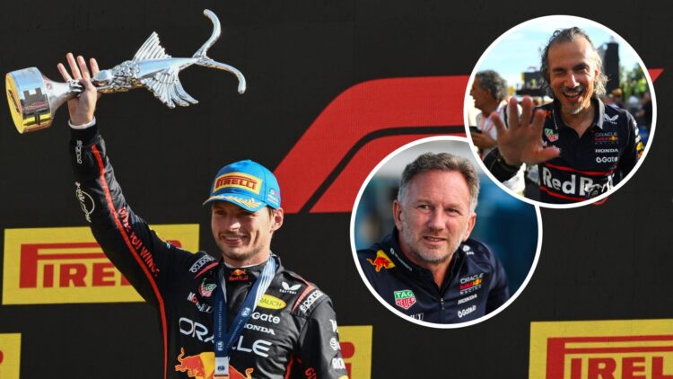 Red Bull driver Max Verstappen celebrates winning the 2025 F1 Italian Grand Prix on the Monza podium with insets of Laurent Mekies and Christian Ho...