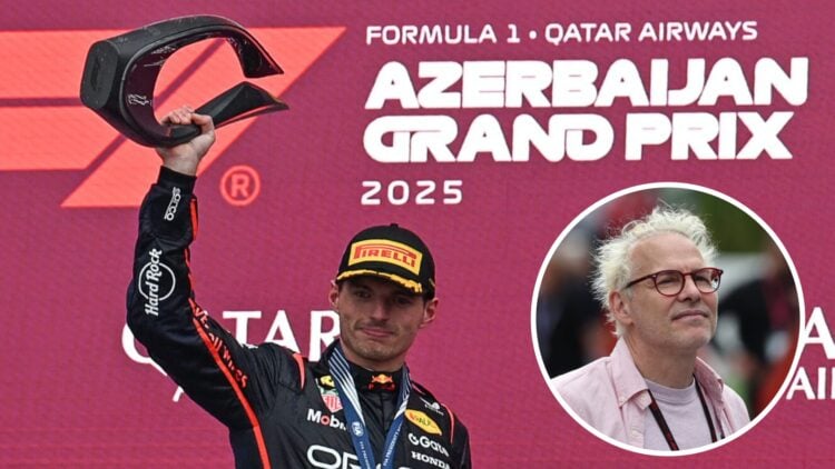 Red Bull driver Max Verstappen celebrates with his trophy after winning the 2025 F1 Azerbaijan Grand Prix with an inset of Jacques Villeneuve in th...
