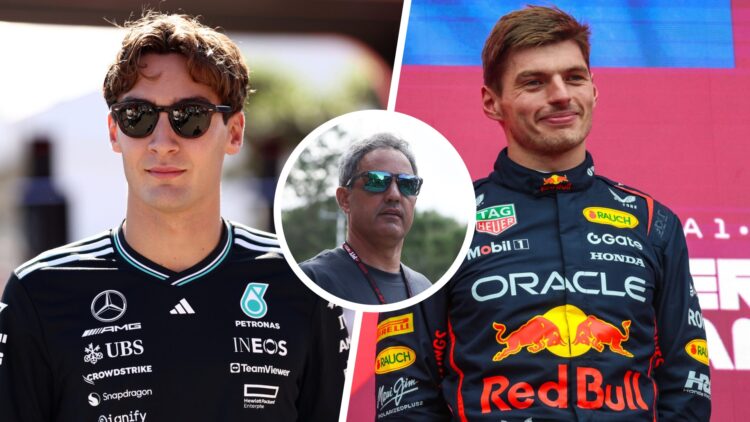 Split image of Mercedes driver George Russell (L) and Red Bull driver Max Verstappen (R), inset Juan Pablo Montoya