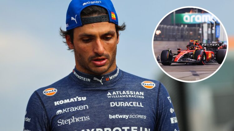 Williams driver Carlos Sainz in the 2025 F1 Hungarian Grand Prix paddock, inset Carlos Sainz at Ferrari