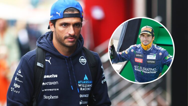 Carlos Sainz of Williams walks in the F1 paddock; inset of him on the podium for McLaren