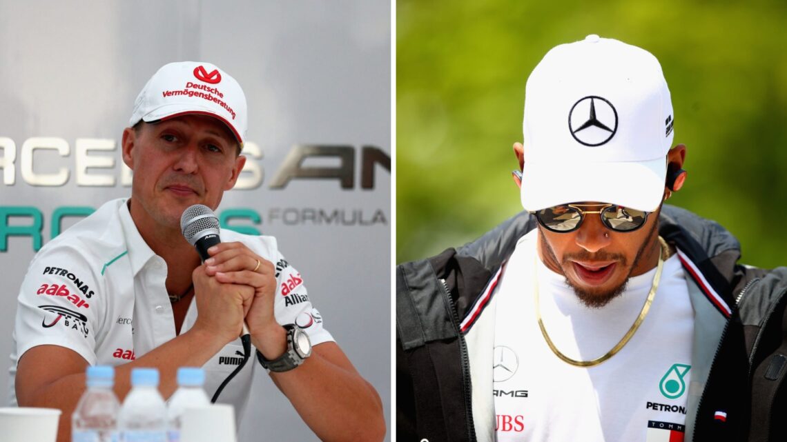 Michael Schumacher speaks in a press conference for Mercedes (L); Lewis Hamilton walks through the F1 paddock (R)