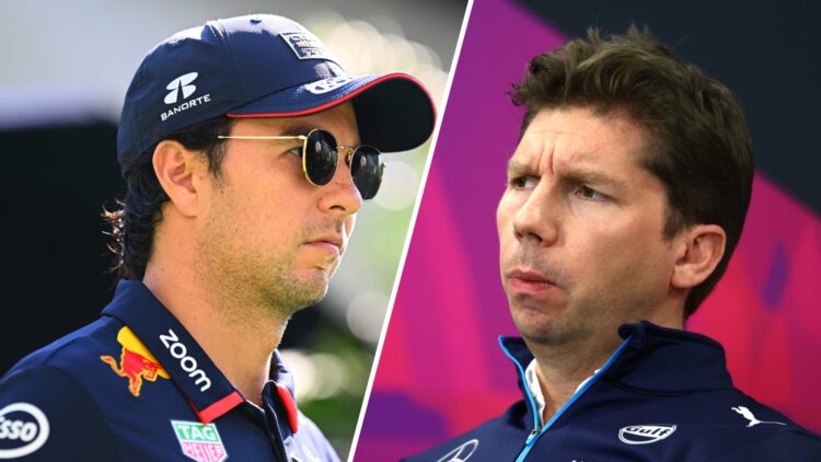 Sergio Perez walking through the F1 paddock in Red Bull team gear, with James Vowles of Williams sitting in a press conference during the Japanese ...