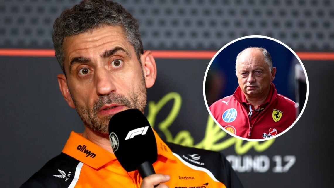 Andrea Stella of McLaren speaks in the FIA press conference at the Azerbaijan Grand Prix; inset of Fred Vasseur of Ferrari