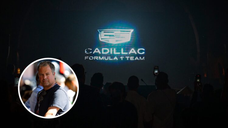 The Cadillac logo on a big screen at a reveal event with Ted Kravitz in the F1 paddock in the overlay image