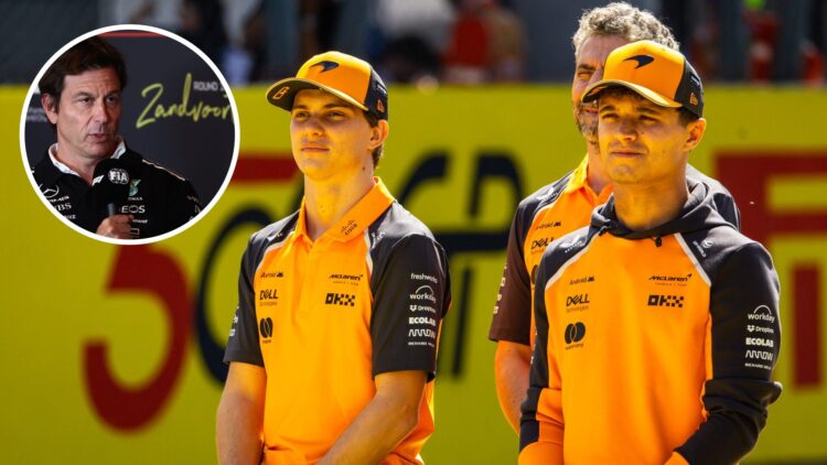 Oscar Piastri and Lando Norris of McLaren and Toto Wolff of Mercedes at the 2025 Italian Grand Prix