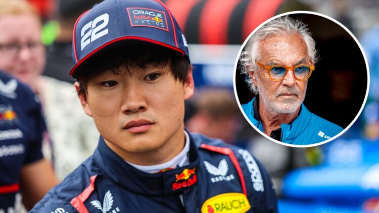 Yuki Tsunoda of Red Bull looks on; inset of Alpine boss Flavio Briatore