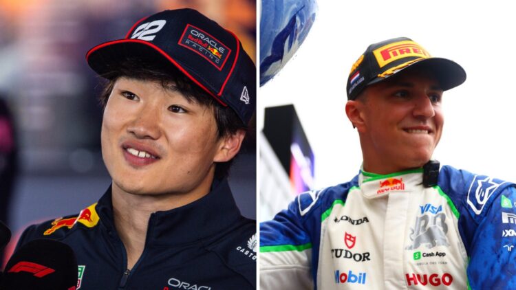Yuki Tsunoda of Red Bull speaks in an interview (L); Isack Hadjar of Racing Bulls celebrates (R)