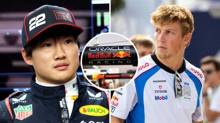 Split image of Red Bull driver Yuki Tsunoda (L) and Racing Bulls driver Liam Lawson (R), inset Red Bull logo