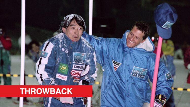 Ukyo Katayama (left) having a snowball dropped on his head by Michael Schumacher (right) in Japan in 1994