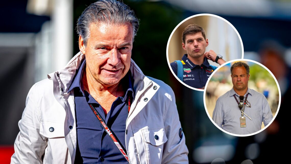 Raymond Vermeulen walks in the Dutch Grand Prix paddock; insets of Red Bull driver Max Verstappen and Ted Kravitz