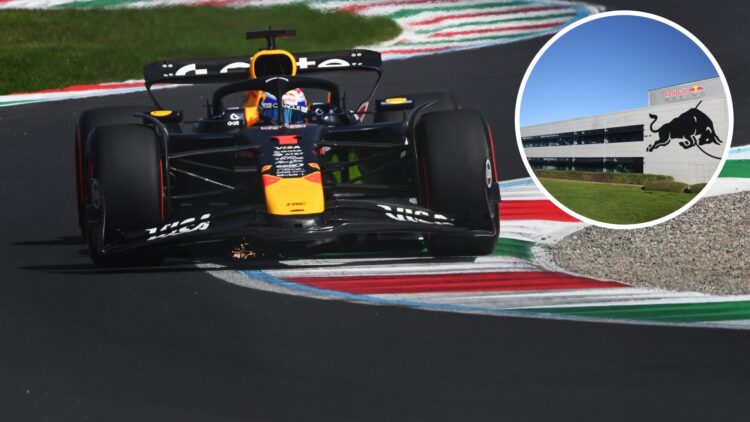 Max Verstappen drives the Red Bull F1 car at Monza; inset of an external view of the team factory