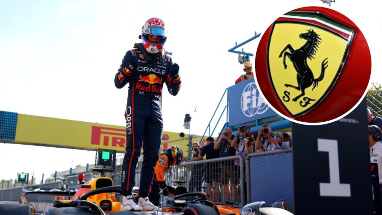 Red Bull driver Max Verstappen celebrates pole at Monza for the 2025 Italian Grand Prix, inset Ferrari logo