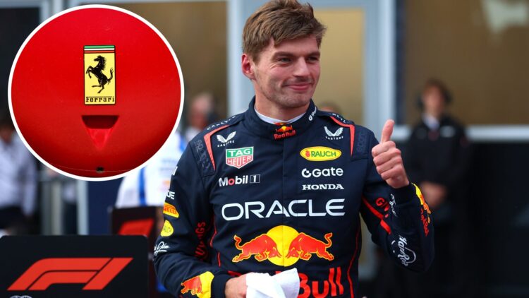 Max Verstappen of Red Bull celebrates after qualifying at the 2025 Azerbaijan Grand Prix, inset Ferrari logo