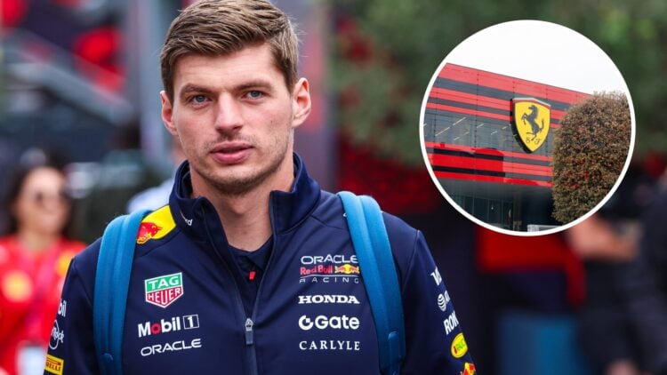 Max Verstappen of Red Bull Racing in the paddock at the 2025 Azerbaijan Grand Prix, inset Ferrari HQ