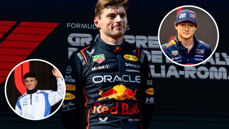 Max Verstappen of Red Bull stands on the podium; insets of Yuki Tsunoda and Racing Bulls driver Isack Hadjar