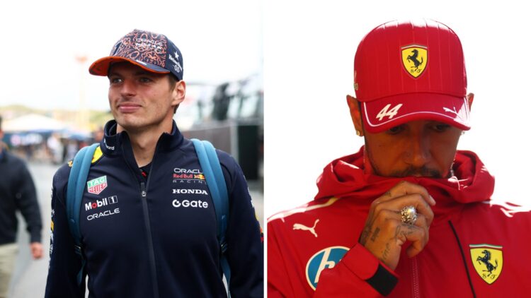 Max Verstappen of Red Bull walks in the F1 paddock (L); Lewis Hamilton of Ferrari bows his head (R)