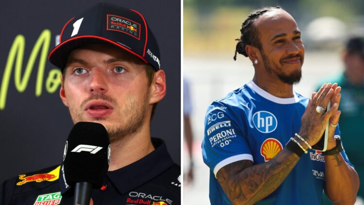 Max Verstappen of Red Bull speaks in a press conference (L); Lewis Hamilton of Ferrari applauds the fans on the F1 grid (R)