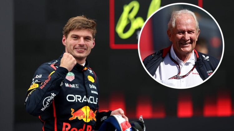Red Bull driver Max Verstappen celebrates after winning the 2025 Azerbaijan Grand Prix, inset Helmut Marko