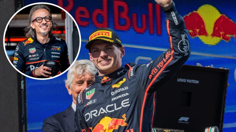 Red Bull driver Max Verstappen winning the 2025 Emilia Romagna Grand Prix, inset Laurent Mekies