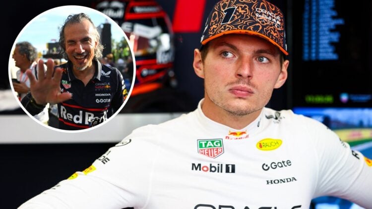 Red Bull driver Max Verstappen in the garage during practice for the 2025 Dutch Grand Prix, inset Laurent Mekies