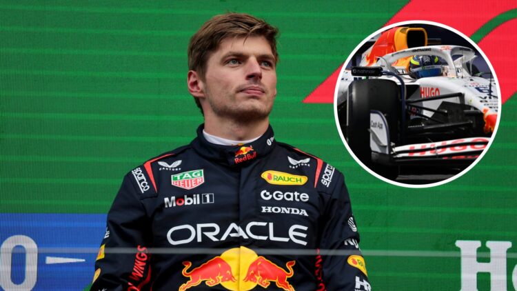 Max Verstappen of Red Bull stands on the F1 podium; inset of the Racing Bulls car