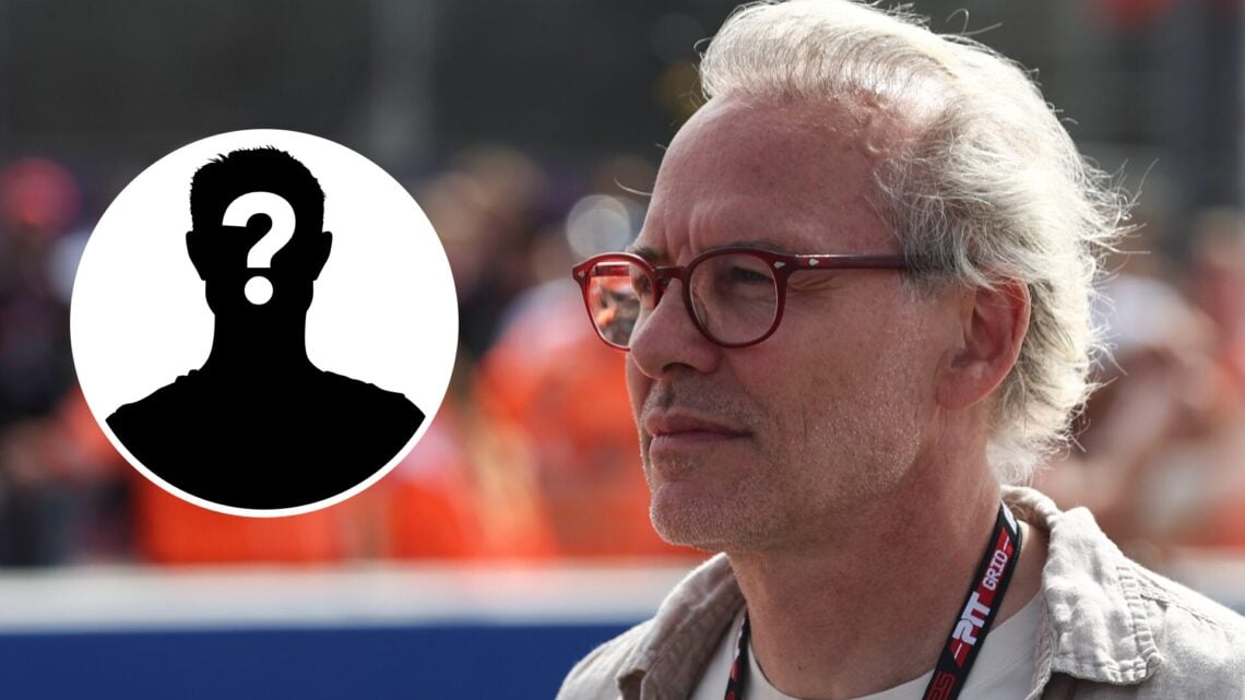 Jacques Villeneuve looks on in the F1 paddock; inset of a mystery driver
