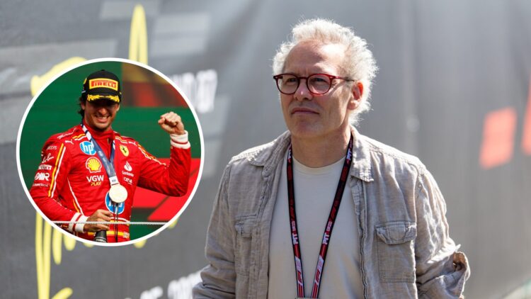 Jacques Villeneuve walks in the F1 paddock; inset of Carlos Sainz celebrating for Ferrari