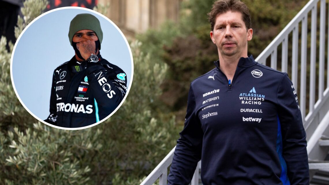 Williams team principal James Vowles in the Baku paddock after the 2025 F1 Azerbaijan Grand Prix with an inset of Lewis Hamilton reacting after qua...