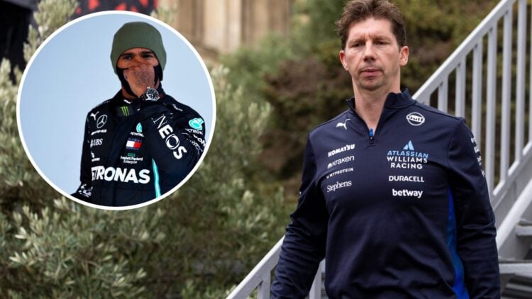 Williams team principal James Vowles in the Baku paddock after the 2025 F1 Azerbaijan Grand Prix with an inset of Lewis Hamilton reacting after qua...