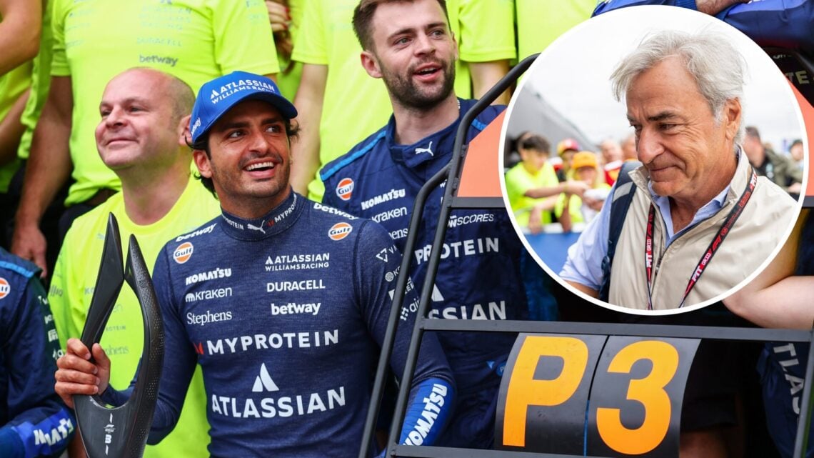 Williams driver Carlos Sainz Jr celebrates his podium in the 2025 F1 Azerbaijan Grand Prix with an inset of Carlos Sainz Sr arriving in the Silvers...