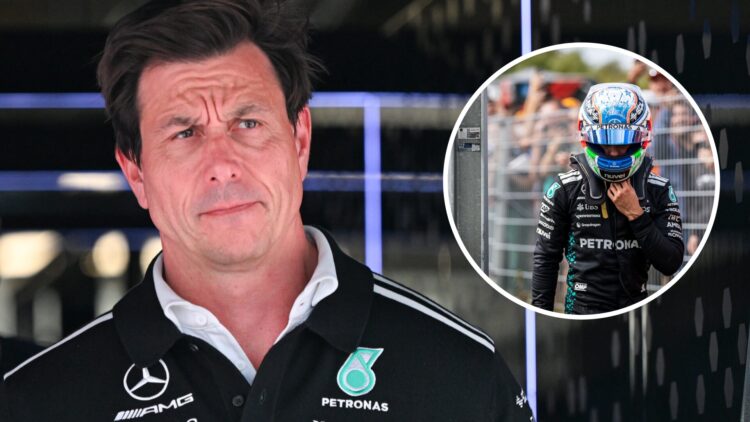 Toto Wolff of Mercedes walks out of the garage; inset of Kimi Antonelli