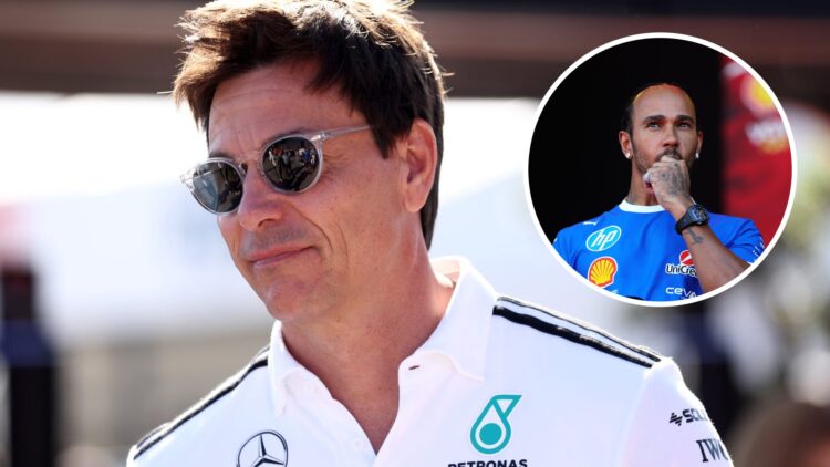 Toto Wolff of Mercedes smiles in the F1 paddock; inset of Ferrari driver Lewis Hamilton on the fan zone stage