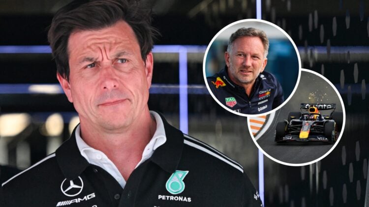 Toto Wolff of Mercedes walks in the F1 paddock; insets of Christian Horner and the Red Bull RB21