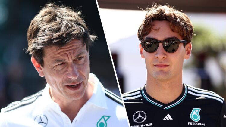 Toto Wolff of Mercedes speaks in the F1 paddock; George Russell looks on after arriving